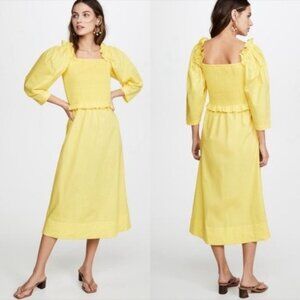 NWT Sea New York Tabitha Smocked Over Dyed Midi Dress 2 Citron Ruffle Bright